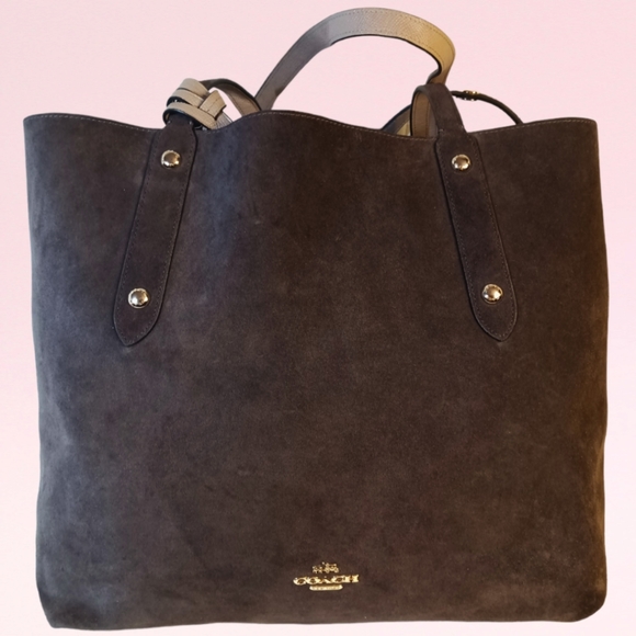 Coach Dark Brown & Cream Reversible Leather Suede Large Market Tote Bag Purse - Picture 2 of 14